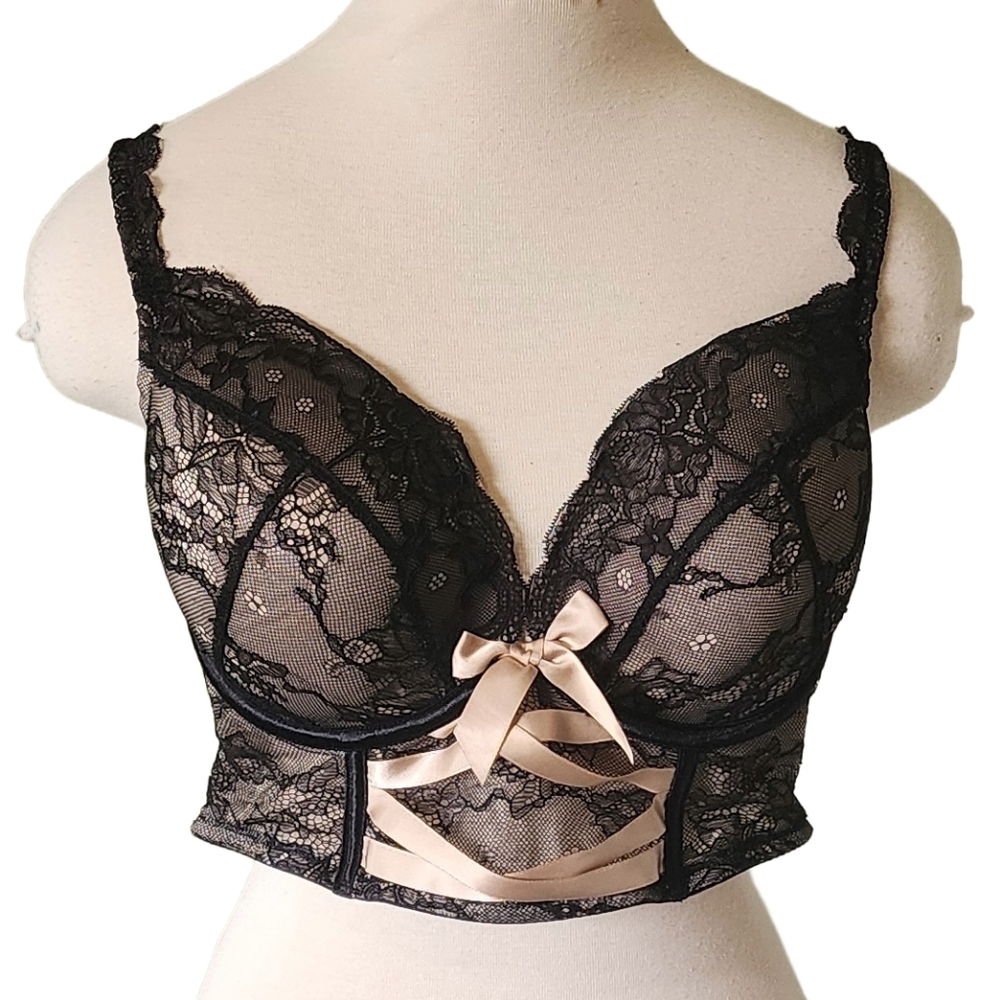 Cacique Black and Cream Lace Bra
